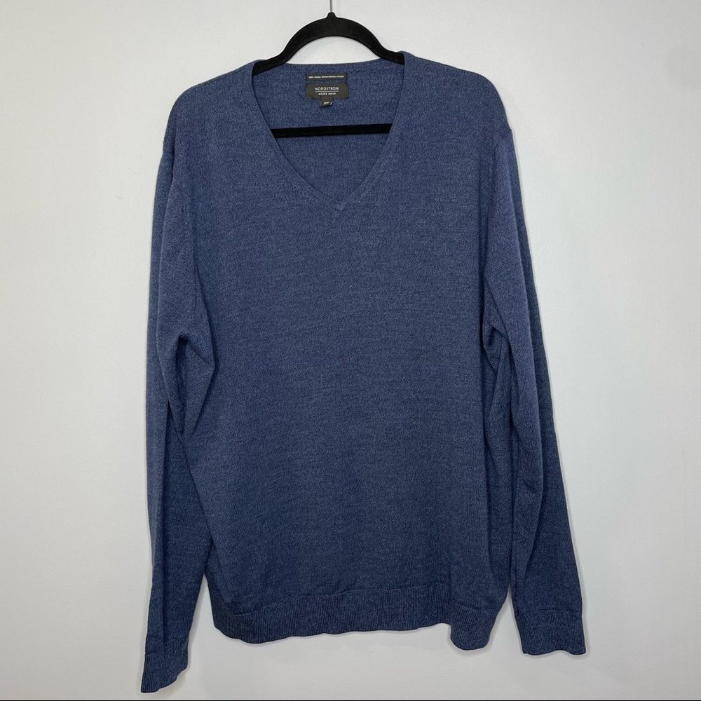 Nordstrom Sweater Pullover V-Neck Blue 100% Italian Merino Wool - Picture 2 of 6